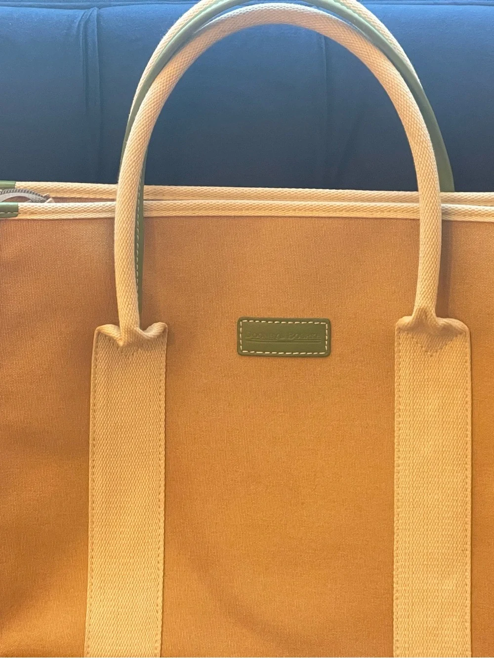 Rare Dooney & Bourke Neutral Canvas Laptop Bag with Green Leather Trim